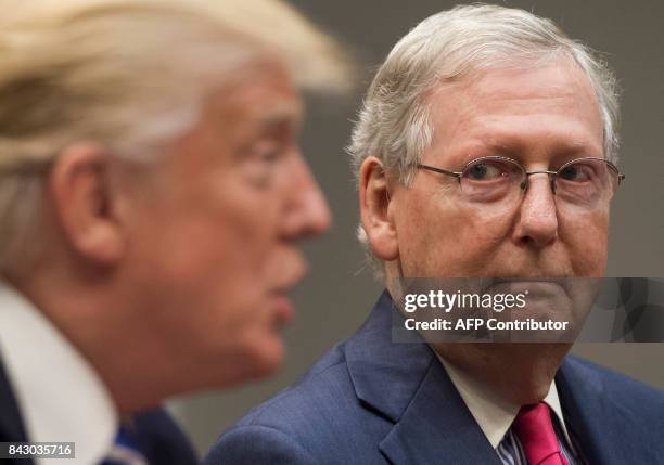 President Donald Trump speaks alongside Senate Majority Leader Mitch McConnell , as they hold a meeting about tax reform in the Roosevelt Room of the...