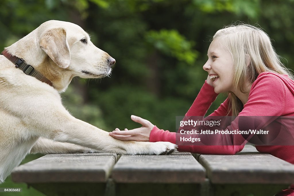 Dog sitting across from girl on picnic table