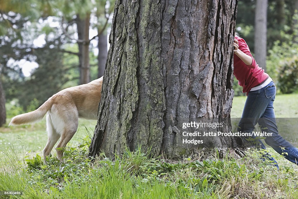 Girl playing hide and seek with dog