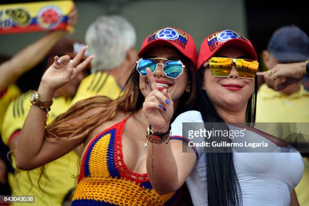 Fans of Colombia cheer for their team prior to a match between Colombia and Brazil as part of FIFA 2018 World Cup Qualifiers at Metropolitano Roberto...