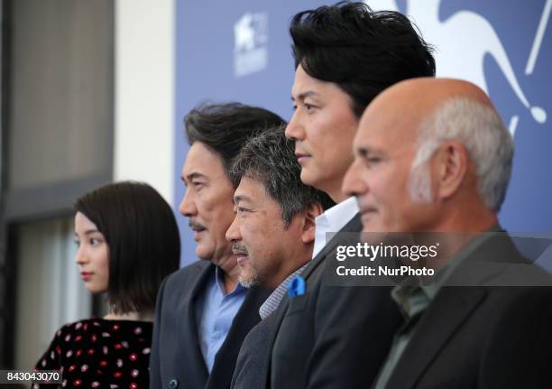 Venice, Italy. 05 September, 2017. Actress Hirose Suzu, actor Fukuyama Masaharu, director Kore-Eda Hirokazu, actor Yakusho Koji and composer Ludovico...