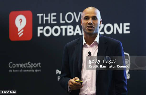 Leon Lloyd, Switch The Play Director talks during day 2 of the Soccerex Global Convention at Manchester Central Convention Complex on September 5,...