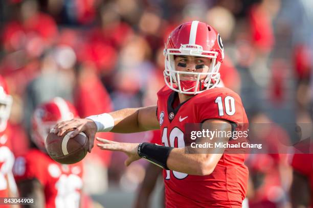 Quarterback Jacob Eason of the Georgia Bulldogs prior to their game against the Appalachian State Mountaineers at Sanford Stadium on September 2,...