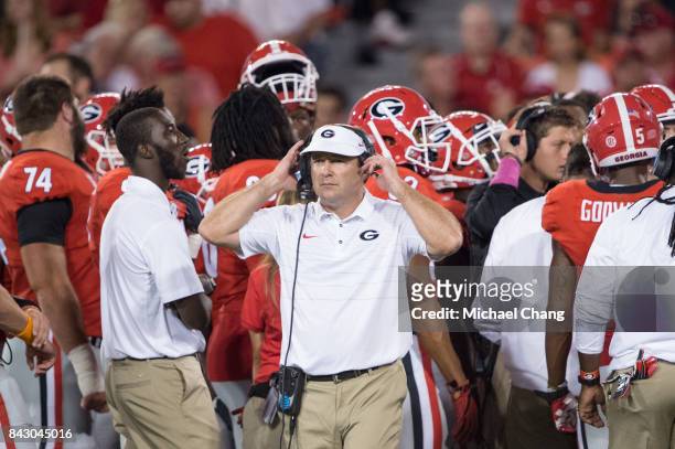 Head coach Kirby Smart of the Georgia Bulldogs during their game against the Appalachian State Mountaineers at Sanford Stadium on September 2, 2017...