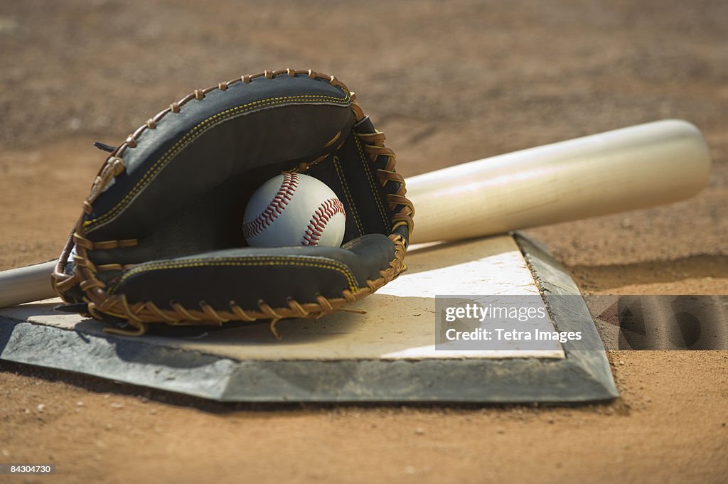 Baseball equipment on home plate