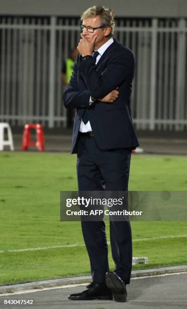 Finland's head coach Markku Kanerva gestures during the FIFA World Cup 2018 qualification football match between Kosovo and Finland at Loro Borici...