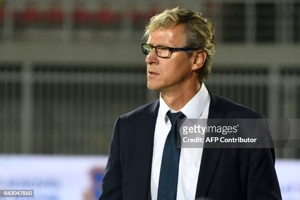 Finland's head coach Markku Kanerva looks on during the FIFA World Cup 2018 qualification football match between Kosovo and Finland at Loro Borici...