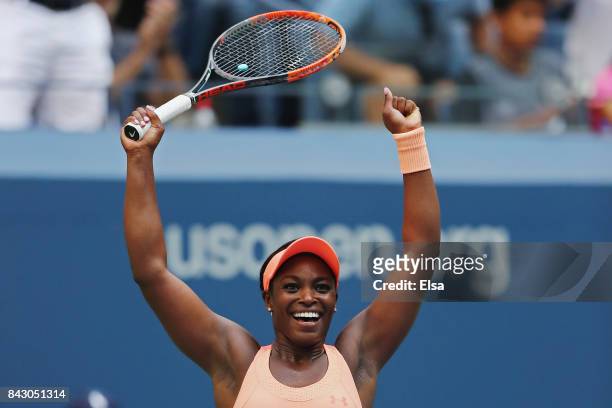 Sloane Stephens of the United States reacts after defeating Anastasija Sevastova of Latvia during her Women's Singles Quarterfinal match on Day Nine...