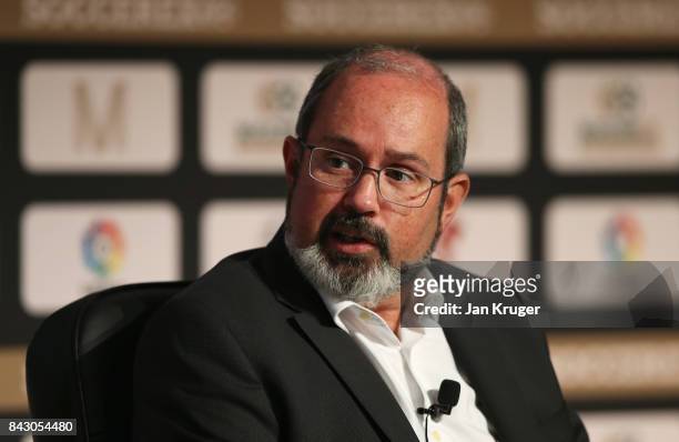 Pedro Correia, Liga Portugal General Secretary talks during day 2 of the Soccerex Global Convention at Manchester Central Convention Complex on...