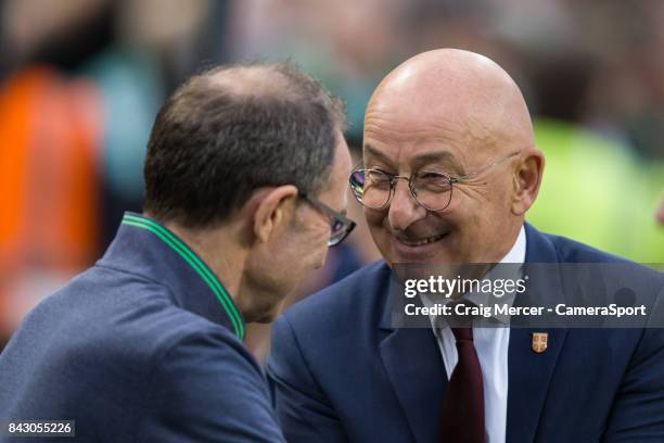 Serbias Manager Slavolijub Muslin is greeted by Republic of Ireland's Manager Martin O'Neill before the FIFA 2018 World Cup Qualifier between...