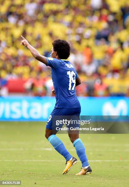 Willian of Brazil celebrates after scoring the opening goal during a match between Colombia and Brazil as part of FIFA 2018 World Cup Qualifiers at...