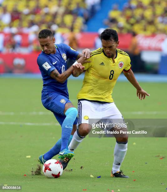 Abel Aguilar of Colombia and Neymar Jr. Of Brazil compete for the ball during a match between Colombia and Brazil as part of FIFA 2018 World Cup...