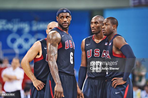 Summer Olympics: USA Jason Kidd , LeBron Jame , Kobe Bryant , and Dwyane Wade victorious vs Argentina during Men's Semifinal at Olympic Basketball...