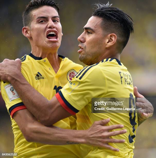 Radamel Falcao of Colombia celebrates with James Rodriguez after scoring the equalizer during a match between Colombia and Brazil as part of FIFA...