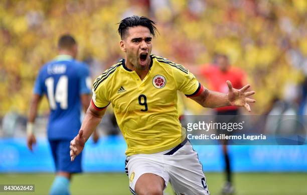 Radamel Falcao of Colombia celebrates after scoring the equalizer during a match between Colombia and Brazil as part of FIFA 2018 World Cup...
