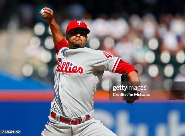 Jesen Therrien of the Philadelphia Phillies in action against the New York Mets at Citi Field on September 4, 2017 in the Flushing neighborhood of...