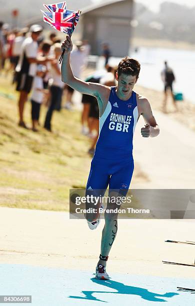 Jonathan Brownlee of Great Britain celebrates after first place in the Mens Triathlon during day three of the Australian Youth Olympic Festival at...
