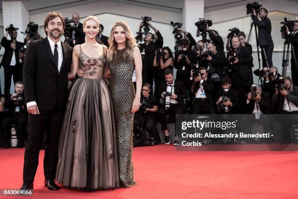 Javier Bardem, Jennifer Lawrence and Michelle Pfeiffer attend the 'mother!' screening during the 74th Venice Film Festival at Sala Grande on...