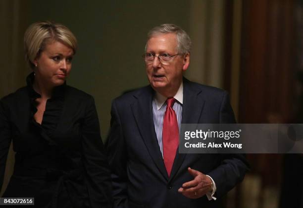 Senate Majority Leader Sen. Mitch McConnell leaves the Senate Chamber after a vote at the Capitol September 5, 2017 in Washington, DC. Congress is...