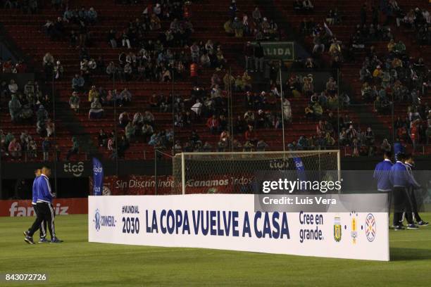 Banner to promote the candidacy of Paraguay, Argentina and Uruguay to host the FIFA 2030 World Cup is seen prior a match between Paraguay and Uruguay...