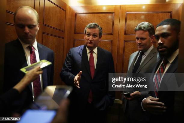 Sen. Ted Cruz speaks to members of the media as he leaves after a vote at the Capitol September 5, 2017 in Washington, DC. Congress is back from...