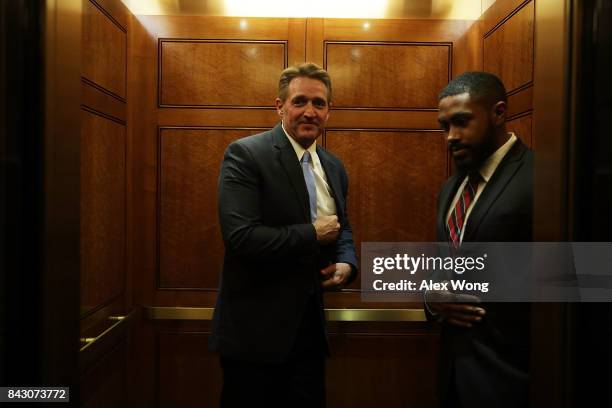 Sen. Jeff Flake leaves after a vote at the Capitol September 5, 2017 in Washington, DC. Congress is back from summer recess with a heavy legislative...