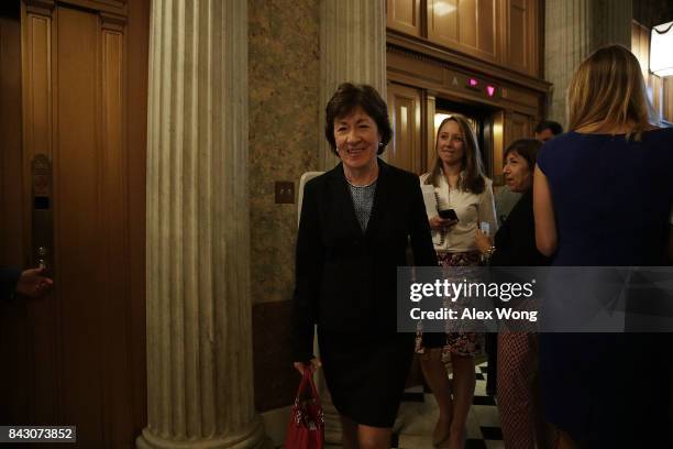 Sen. Susan Collins arrives for a vote at the Capitol September 5, 2017 in Washington, DC. Congress is back from summer recess with a heavy...