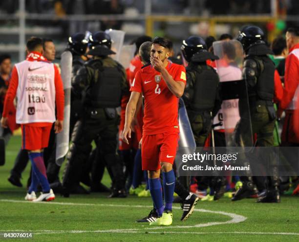 Mauricio Isla of Chile looks dejected after losing a match between Bolivia and Chile as part of FIFA 2018 World Cup Qualifiers at Hernando Siles...