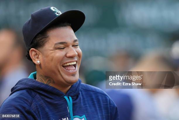 Felix Hernandez of the Seattle Mariners stands by the dugout before their game against the Oakland Athletics at Oakland Alameda Coliseum on April 20,...