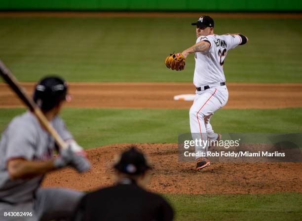 Dustin McGowan of the Miami Marlins pitches during the game against the Washington Nationals at Marlins Park on September 4, 2017 in Miami, Florida.