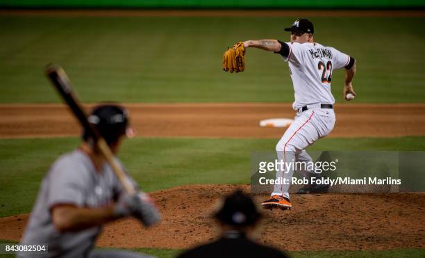 Dustin McGowan of the Miami Marlins pitches during the game against the Washington Nationals at Marlins Park on September 4, 2017 in Miami, Florida.