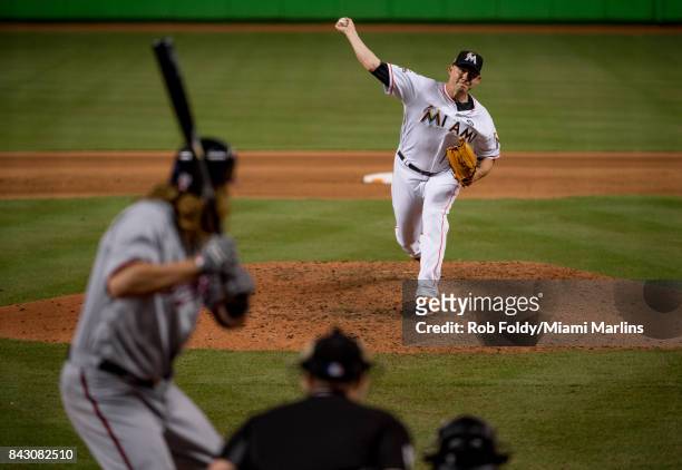 Dustin McGowan of the Miami Marlins pitches during the game against the Washington Nationals at Marlins Park on September 4, 2017 in Miami, Florida.