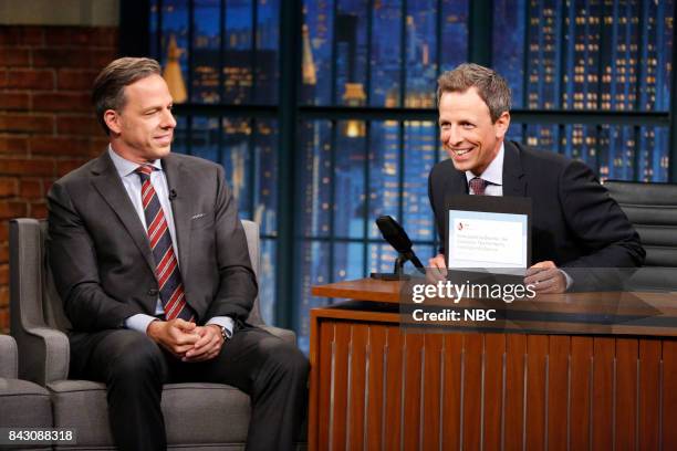 Episode 572 -- Pictured: Journalist Jake Tapper during an interview with host Seth Meyers on September 5, 2017 --