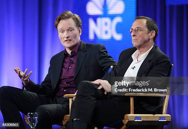 Host Conan O'Brien of the television show "The Tonight Show" and executive producer Jeff Ross attend the NBC Universal portion of the 2009 Winter...