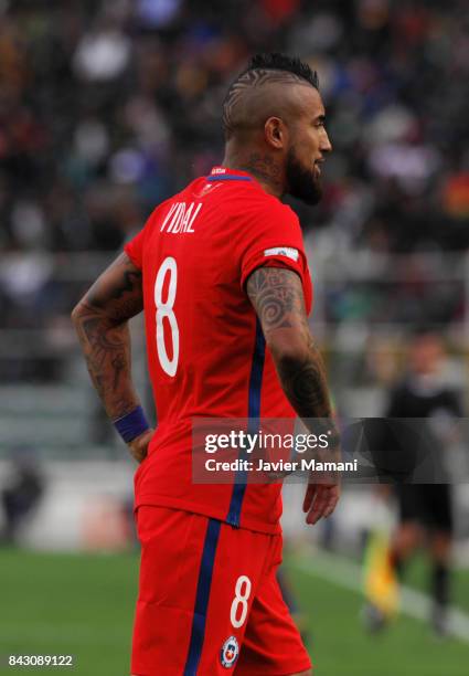 Arturo Vidal of Chile looks on during a match between Bolivia and Chile as part of FIFA 2018 World Cup Qualifiers at Hernando Siles Stadium on...