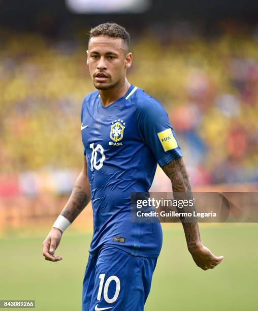 Neymar Jr of Brazil looks on during a match between Colombia and Brazil as part of FIFA 2018 World Cup Qualifiers at Metropolitano Roberto Melendez...