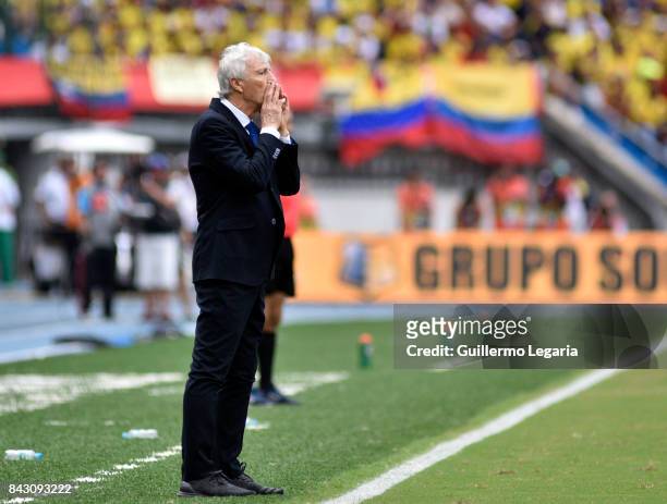 Jose Pekerman coach of Colombia shouts instructions to his players during a match between Colombia and Brazil as part of FIFA 2018 World Cup...