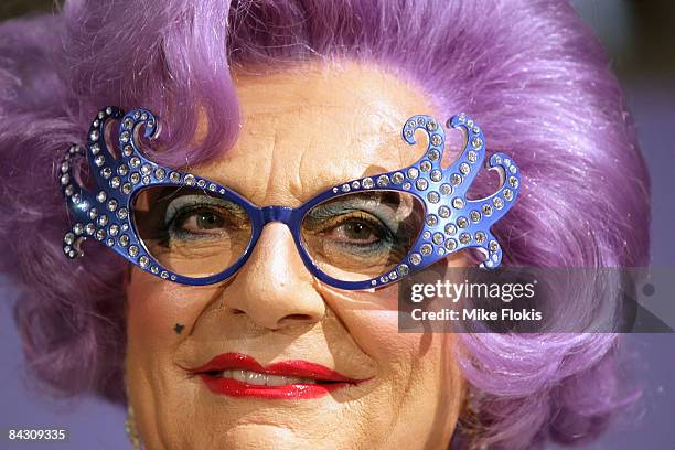 Dame Edna Everage smiles during the official launch of MAC cosmetics at the David Jones Elizabeth Street Store on January 16, 2009 in Sydney,...