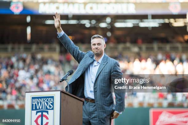 Former Minnesota Twins player Michael Cuddyer is inducted into the Minnesota Twins Hall of Fame prior to the game against the Arizona Diamondbacks on...