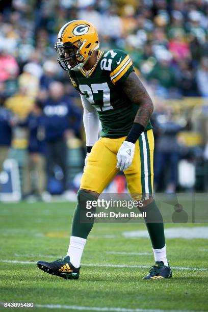 Josh Jones of the Green Bay Packers plays safety in the first quarter against the Los Angeles Rams during a preseason game at Lambeau Field on August...