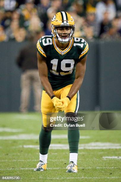 Malachi Dupre of the Green Bay Packers plays wide receiver in the fourth quarter against the Los Angeles Rams during a preseason game at Lambeau...