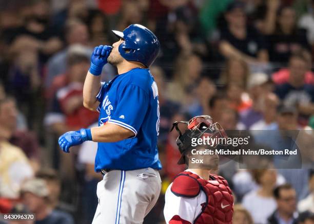 Kendrys Morales of the Toronto Blue Jays reacts after a home run against the Boston Red Sox in the sixth inning at Fenway Park on September 5, 2017...