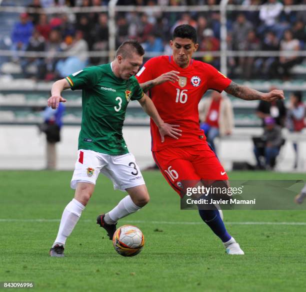 Alejandro Chumacero of Bolivia fights for the ball with Pedro Hernandez of Chile during a match between Bolivia and Chile as part of FIFA 2018 World...