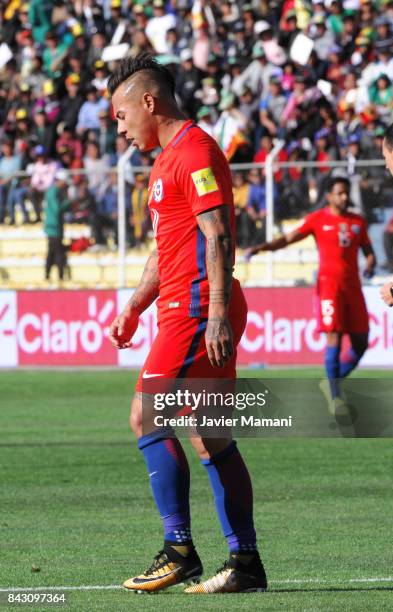 Eduardo Vargas of Chile reacts during a match between Bolivia and Chile as part of FIFA 2018 World Cup Qualifiers at Hernando Siles Stadium on...