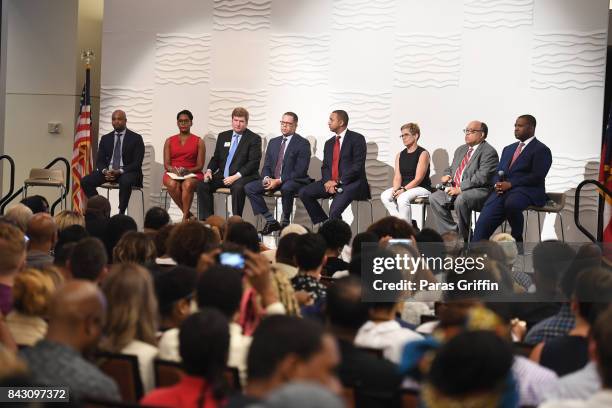 Kwanza Hall, Keisha Lance Bottoms, Peter Aman, John Eaves, Michael Sterling, Cathy Woolard, Vincent Fort, and Ceasar Mitchell onstage at 2017 ONE...