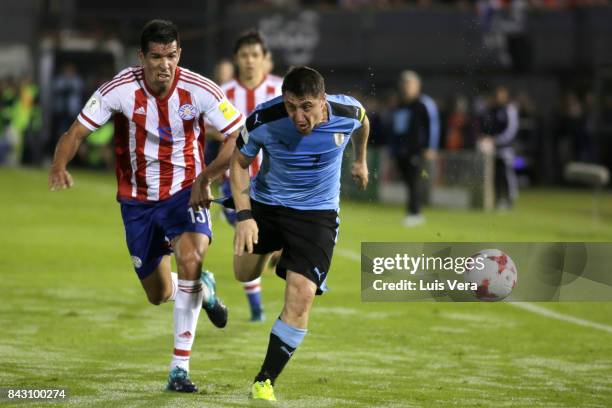 Victor Caceres of Paraguay and Luis Suarez of Uruguay run after the ball during a match between Paraguay and Uruguay as part of FIFA 2018 World Cup...