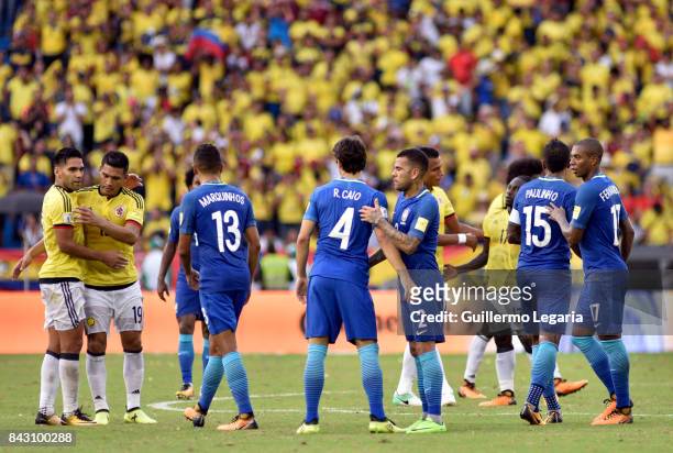 Players of Colombia and Brazil shake hands after a match between Colombia and Brazil as part of FIFA 2018 World Cup Qualifiers at Metropolitano...