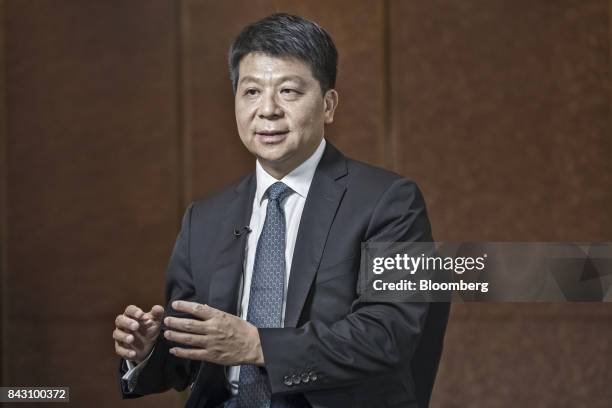 Guo Ping, rotating chief executive officer and deputy chairman of Huawei Technologies Co., speaks during an interview on the sidelines of the Huawei...