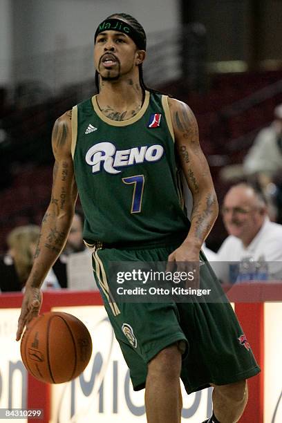 Majic Dorsey of the Reno Bighorns looks for a pass against the Idaho Stampede during the D-League game on January 15, 2009 at Qwest Arena in Boise,...