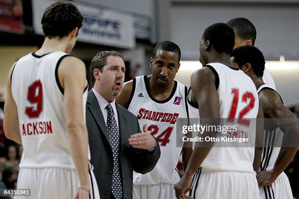 Head Coach Bryan Gates of the Idaho Stampede talks to his team during a time out during the D-League game against the Reno Bighorns on January 15,...